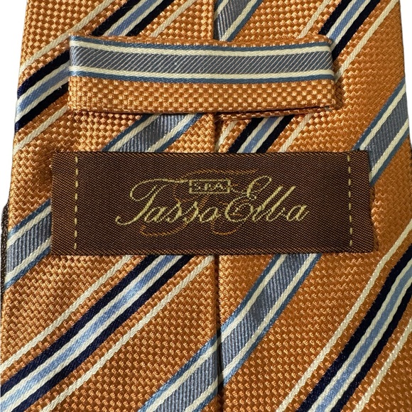 Tasso Elba SPA Men’s Designer Orange and Blue Striped 100% Silk Necktie. - Picture 3 of 4